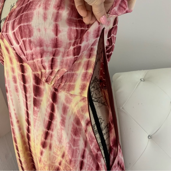 NWT Nasty Gal Tie Dye Open Tie Back Flared Sleeve Mini Dress Magenta Yellow 2 - Picture 7 of 10